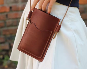 Leather Phone Bag Crossbody: Brown Smartphone Purse, Minimalist Cell Pouch, Mothers Day Gift