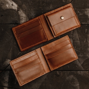 Cartera de cuero hecha a mano, personalizada, regalo del Día del Padre, billetera minimalista plegable marrón, clip para dinero grabado para hombre, billetera personalizada, portamonedas