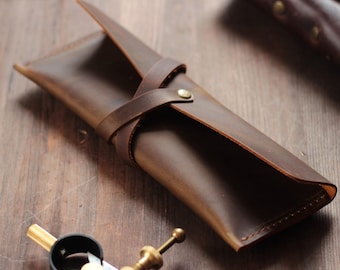 Leather Pencil Case: Handmade Roll-Up Pouch, Slim Pen Holder for Artists
