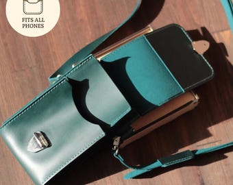 Green Leather Phone Bag: Slim Crossbody Cell Phone Purse