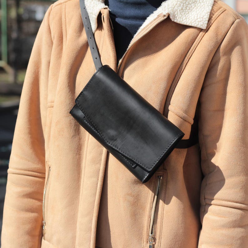 Black Leather Belt Bag: Handmade Minimalist Fanny Pack Wallet image 4