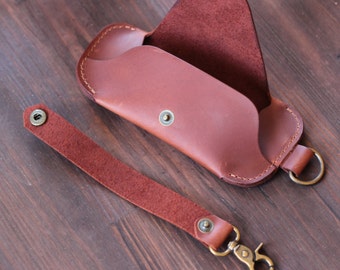 Leather Glasses Case with Keychain: Slim Sunglasses Holder Brown Spectacle Gift