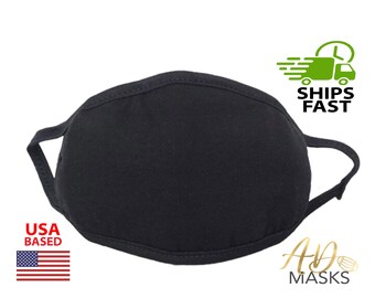 BLACK Washable Cotton Poly Face Mask, Lightweight, Comfort Straps, Reusable Cloth Mask, Fabric Face Covers, USA based, Adult Unisex One-Size