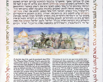 Ketubah—Jerusalem of Gold. Includes a landscape painting of the holy city and the seventh wedding blessing in Hebrew.