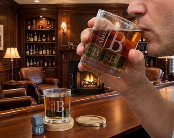 Custom Engraved Whiskey Glass with Stones: Personalized Rocks Glass Set