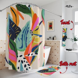 Exotic floral jungle Boho flowers Shower Curtain, contemporary cartoon style Boho Shower curtain, Custom print Abstract Shower Curtain