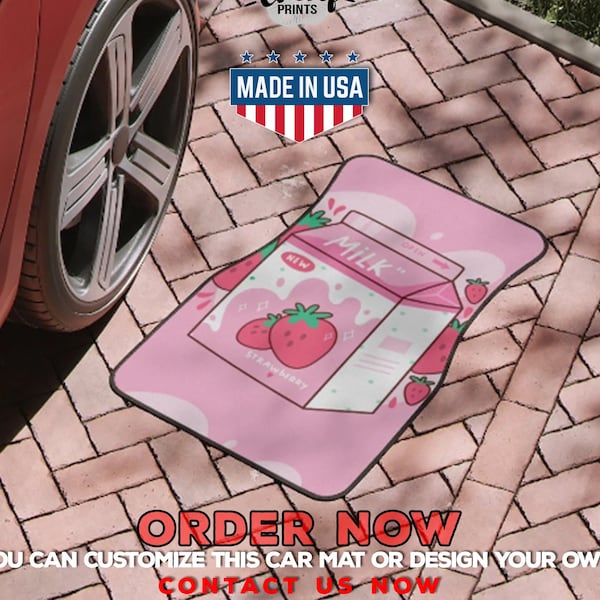 Tasty strawberry milk Car Floor Mats, Cute Japanese style Kawaii anime strawberry milk print Car Floor Mat, Japanese girly car decor mat set