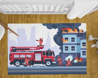 Feuerwehr Kinderzimmer Deko Teppich, Feuerwehrmann löschen brennendes Haus Illustration Teppich, Feuerwehrmann Wohndekor Teppich