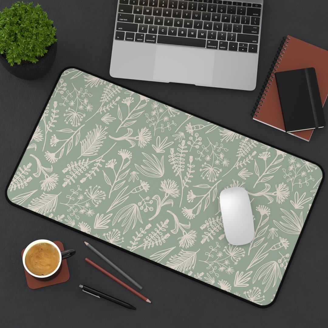 Sage Green Desk Mat With Flowers and Branches Design, Sage Green Desk