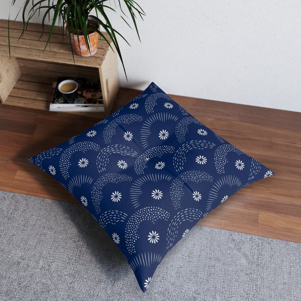 Japanese Floor Cushion With Japanese Seigaiha Wave Style Print Etsy