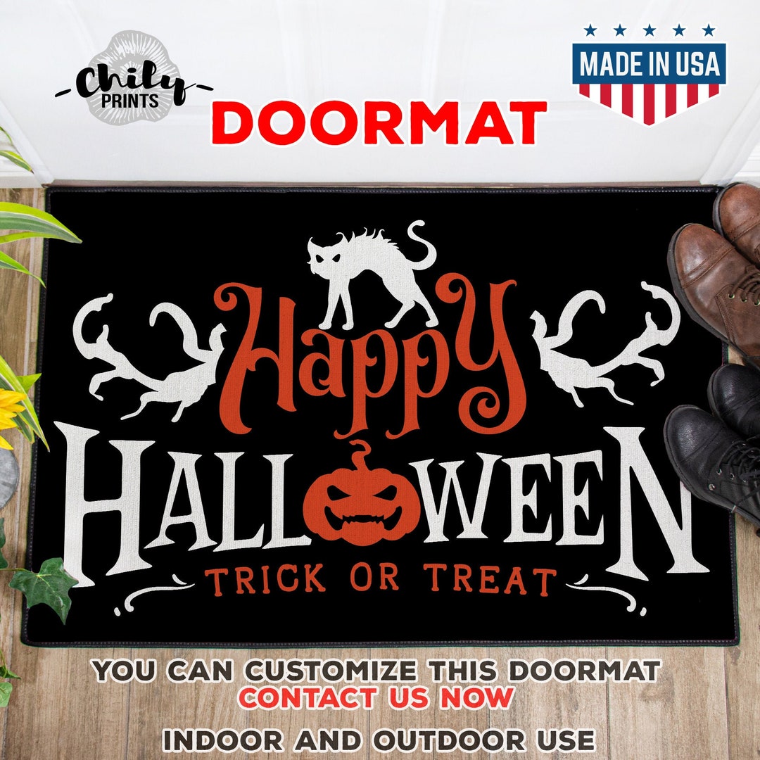 Happy Halloween Doormat, Trick Our Treat Pumpkin Cat Doormat, Halloween