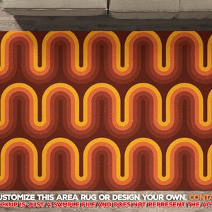 Retro 70s Area Rugs, colorful waves retro design carpet, 70s boho ornament home decor, 1970s style curly stripes area rug, 70s room decor image 2