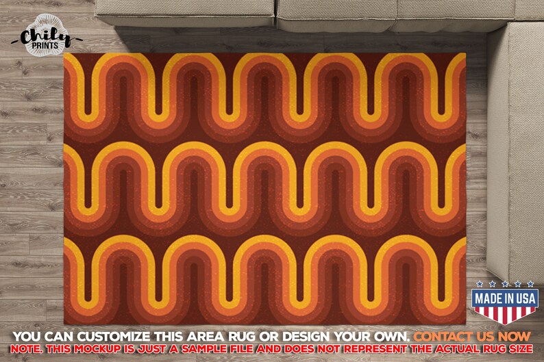Retro 70s Area Rugs, colorful waves retro design carpet, 70s boho ornament home decor, 1970s style curly stripes area rug, 70s room decor image 2