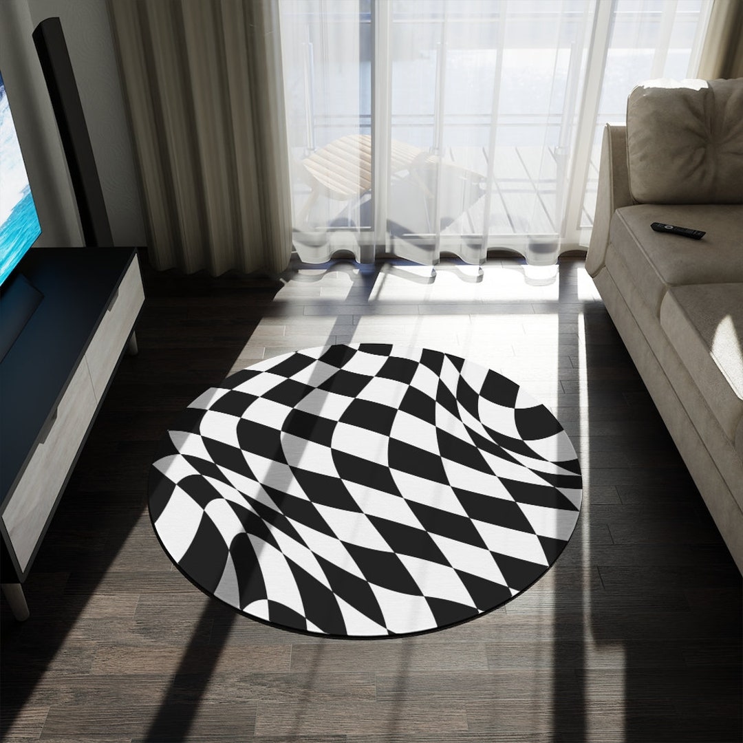 Curved Surface Black and White Checkered Round Rug - Etsy