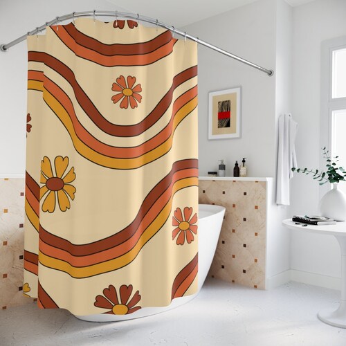 Retro 70s Groovy Shower Curtain Boho Groovy Lines and Floral Etsy