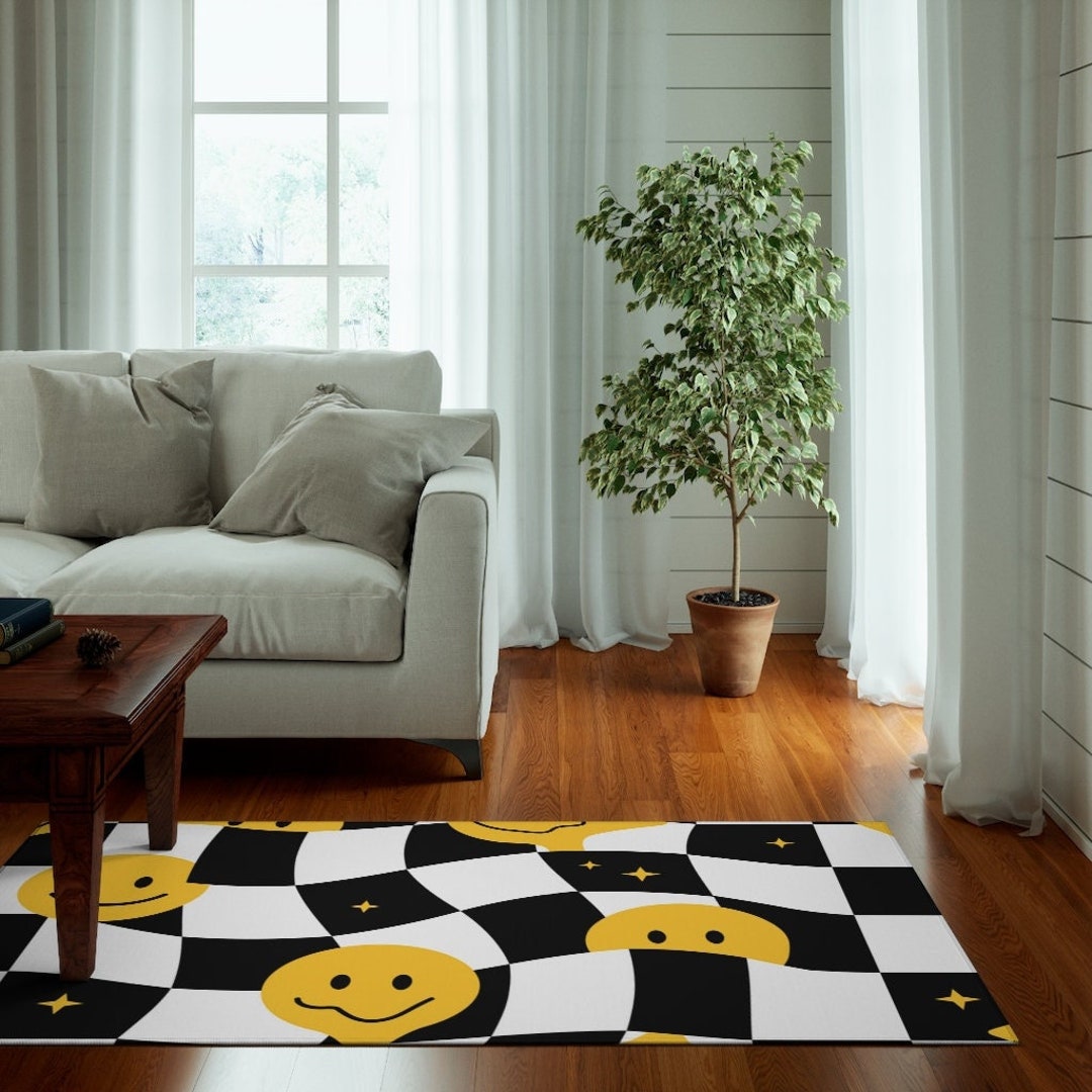 Checkers Rug, Crazy Melt Smile Faces Checkers Carpet, Trippy Techno ...