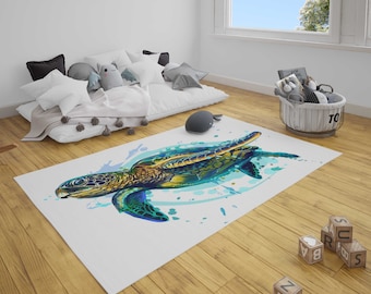Watercolor Turtle Round Carpet Marine Life Area Rugs Doormat Deep Sea Floor Rug 