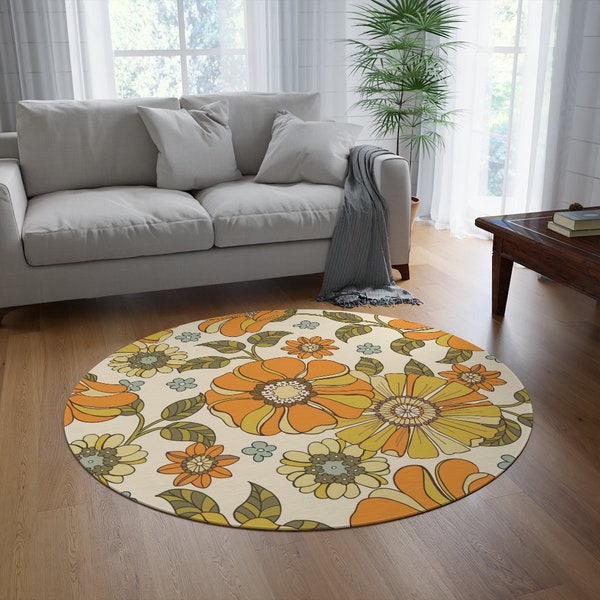 Tapis rond floral de style rétro des années 70, tapis rond floral imprimé sur mesure, tapis cercle Nostalgic Daisies Flower Power, tapis floral cadeau de décoration intérieure