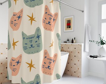 Groovy cute Cats Shower Curtain, boho doodle modern art print Shower Curtain, Retro Shower Curtain, Boho Shower curtain, Abstract decor