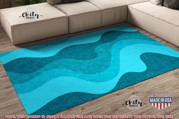 Teal Blue Wave Design Area Rug Wavy Ripple Design Carpet Clean