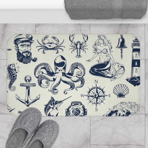 Éléments nautiques Tapis de bain vintage monochrome éléments nautiques set design imprimé tapis de salle de bain avec marin animaux marins phare sirène