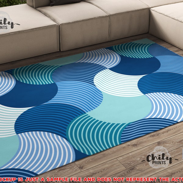 Blue retro Area Rug, Retro vibes carpet, abstract geometry area rug, water wave print retro room decor, retro design home interior carpet