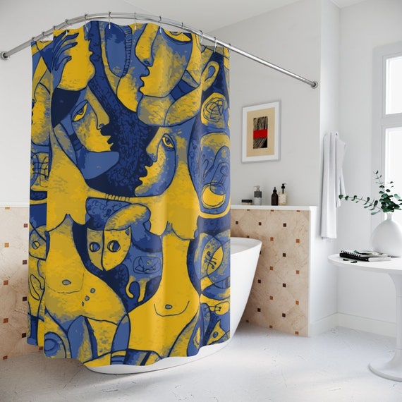 Navy and yellow shower curtain deals