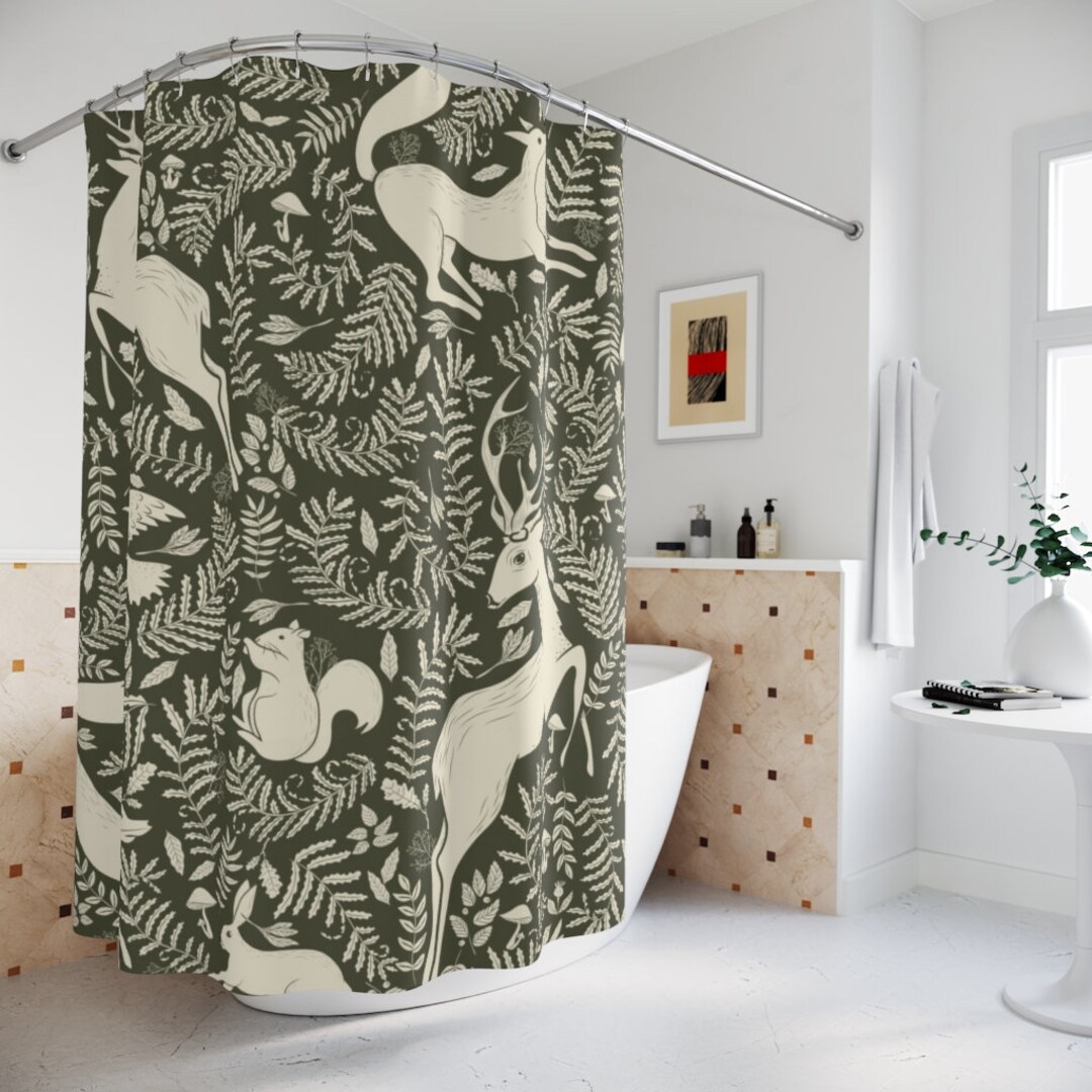 Forest Wildlife Ferns Shower Curtain, Vintage Style Art Print Wild