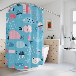 Divertida cortina de ducha de gato para el baño de los niños, diseño de  ballena y tiburón sobre olas del océano, cortinas de ducha de tela de