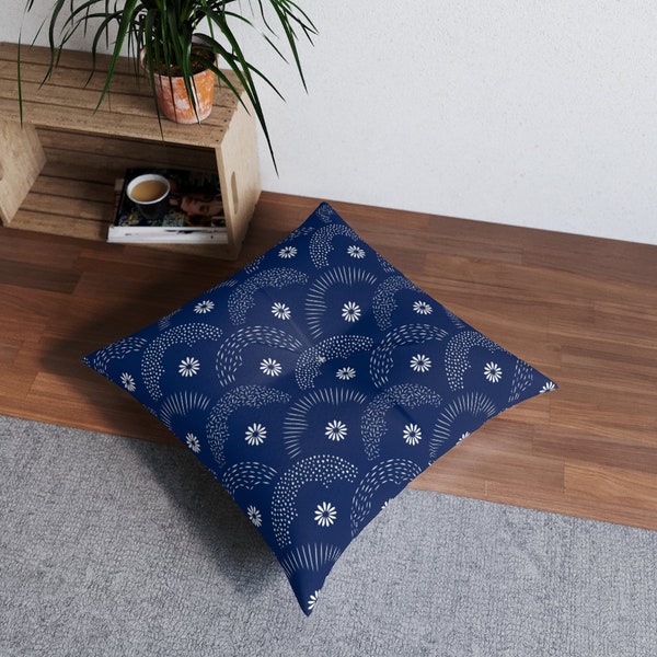 Japanese floor cushion with Japanese Seigaiha Wave style print tufted floor cushion, traditional Japanese home decor