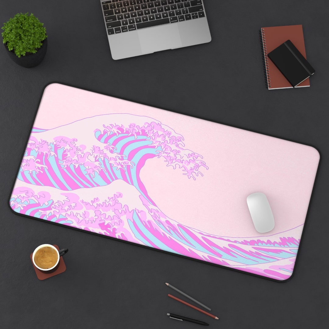 Cute Pink Desk Mat in Kawaii Pink Style Colored Great Wave Design