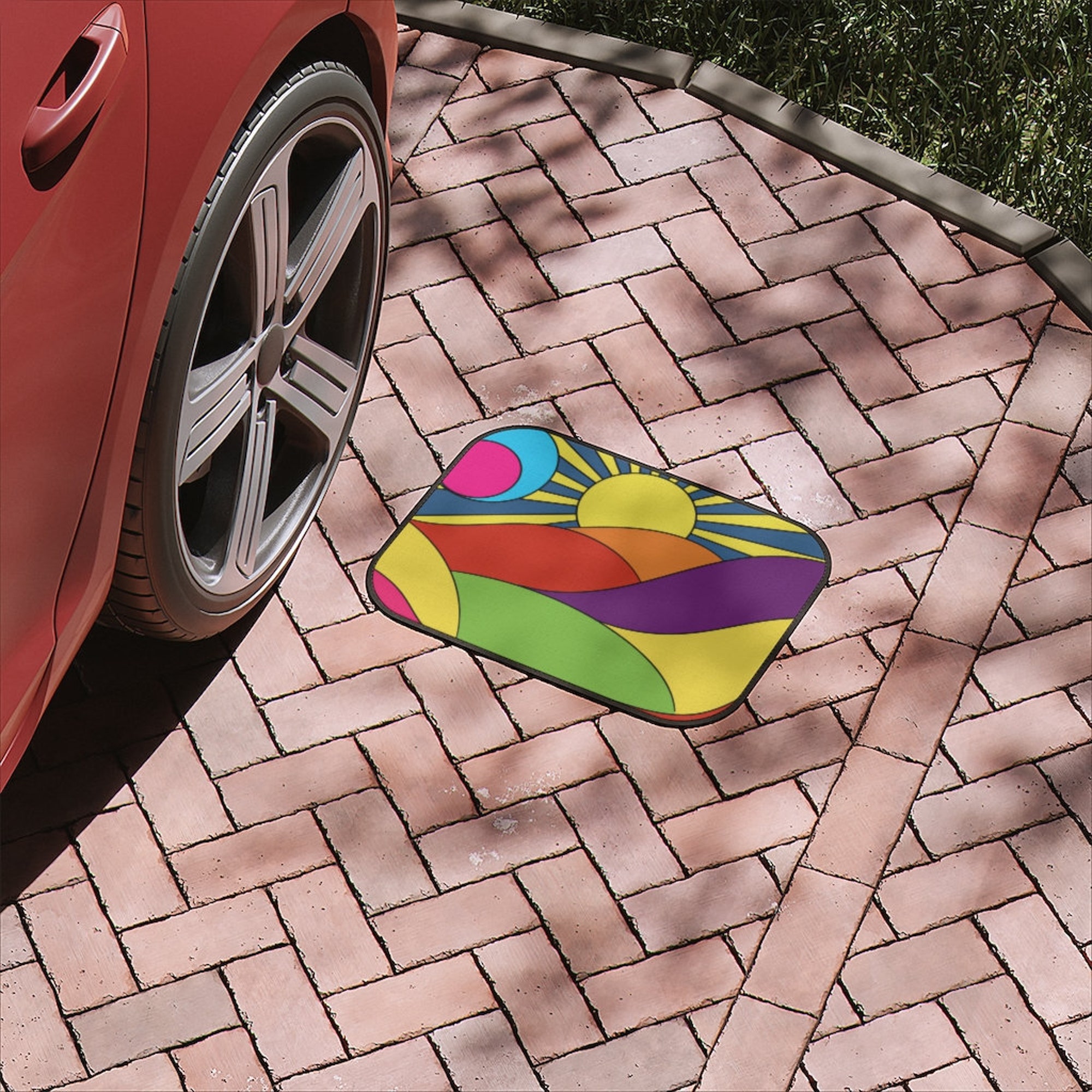 Modern colorful psychedelic Car Floor Mats, colored Retro Car Floor Mat, stylised mountains rainbow Retro Car Accessories car mat