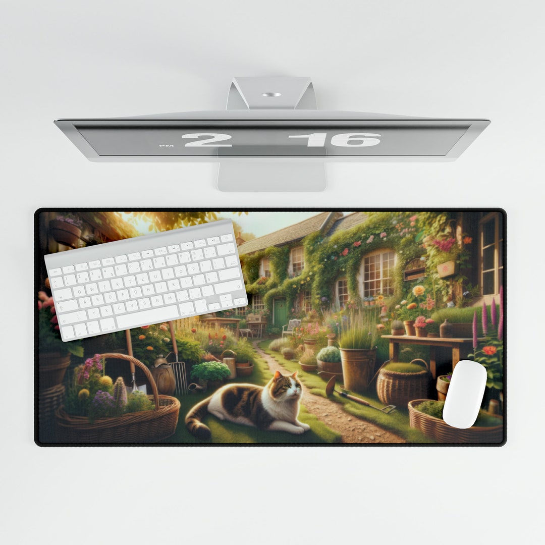 Cute Cat and Cottagecore Design Desk Mat Large Mouse Pad, Playmat, and