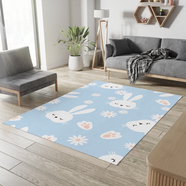 Rabbit pet floor mat with rabbit cartoons and daisy flower on blue background design print pet play mat, Cute blue washable Dobby Rug