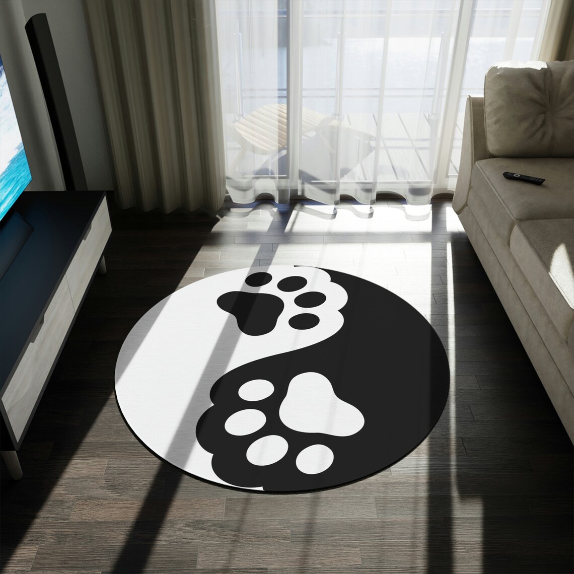 Yin Yang Rug With Animal Paw Design in Black and White Circle Etsy