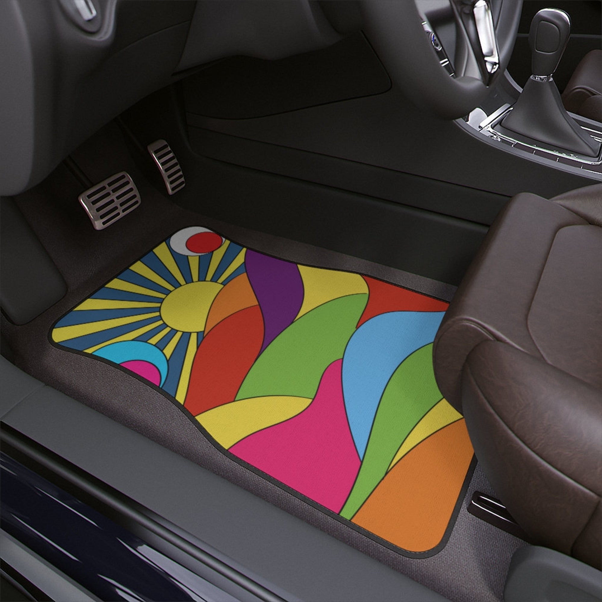 Modern colorful psychedelic Car Floor Mats, colored Retro Car Floor Mat, stylised mountains rainbow Retro Car Accessories car mat