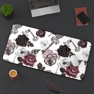 Gothic style Desk Mat, watercolor Victorian gothic style Desk Mat, burgundy roses vintage key and padlock Desk Mat, extra large desk mat