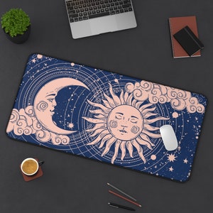 Astrology Desk Mat, Mystical crescent moon and sun Desk mat, Astrology dark blue Witchy Celestial Desk Mat, Astrology Boho Large Mouse Pad