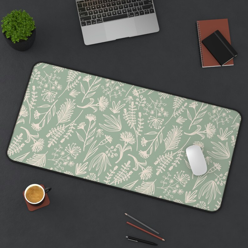 Sage Green Desk Mat With Flowers and Branches Design Sage Etsy