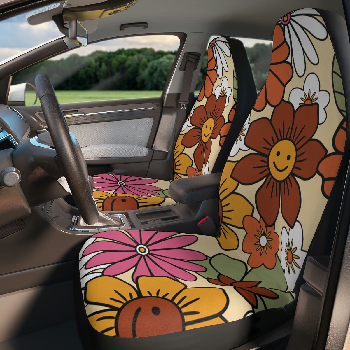 Flower Child Car Floor Mats Retro Inspired 60s 70s Hippie Groovy Car  Accessories Brown Orange Yellow Floral Retro Car Decor 