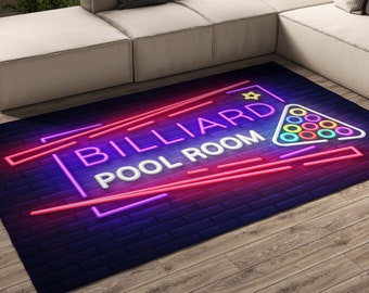 Billiards club area Rug neon design retro pool room rug Pool room Decor Game room Carpet Snooker room decor rug player gift