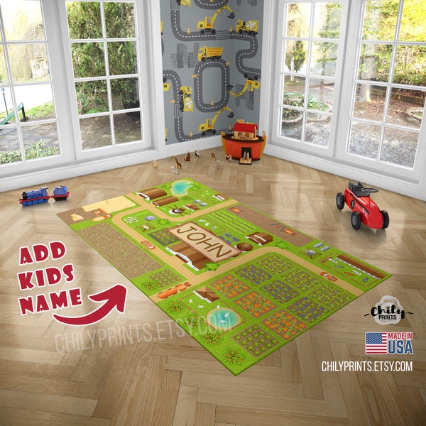 Alfombra de juego personalizada para niños con caminos de granja verdes y huertos de campos, alfombra de juego para el área de decoración de la habitación para niños, alfombra de guardería para niños