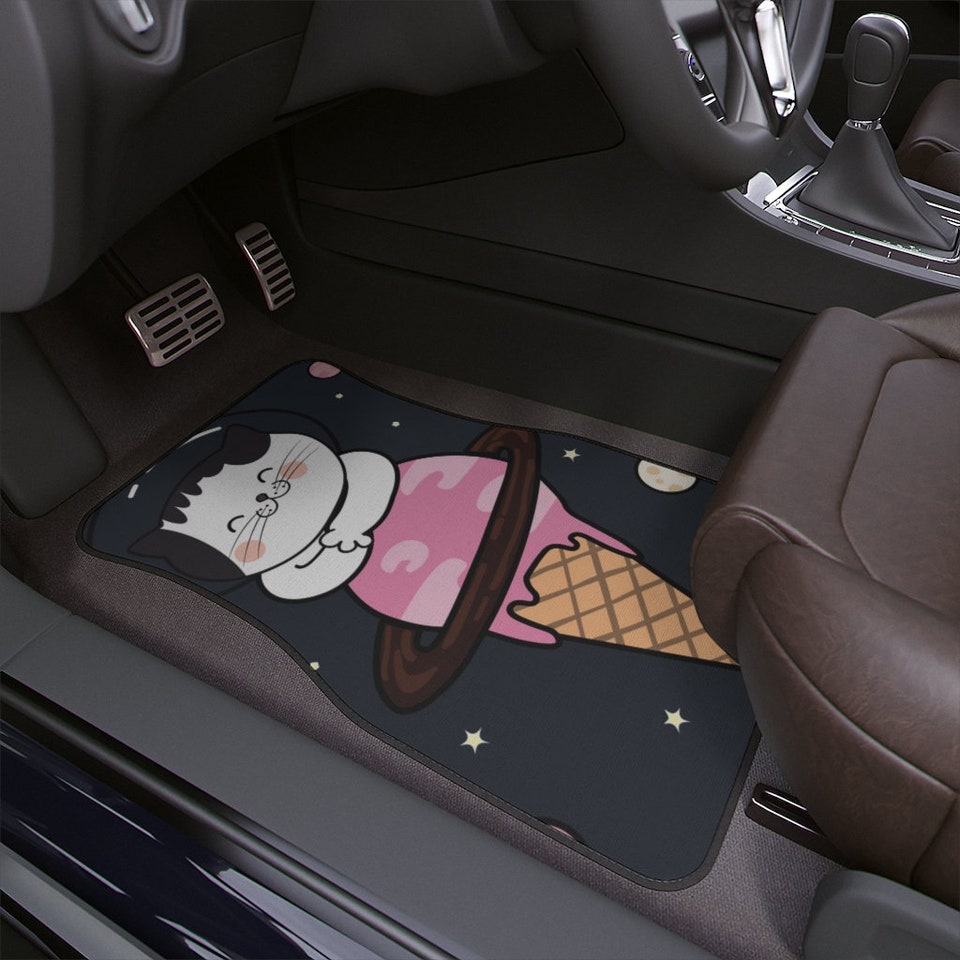 Kawaii Japanese Car Floor Mat, Anime cute kawaii cat on ice cream Car Floor Mat, space and stars cat cute cat car interior decor car mat