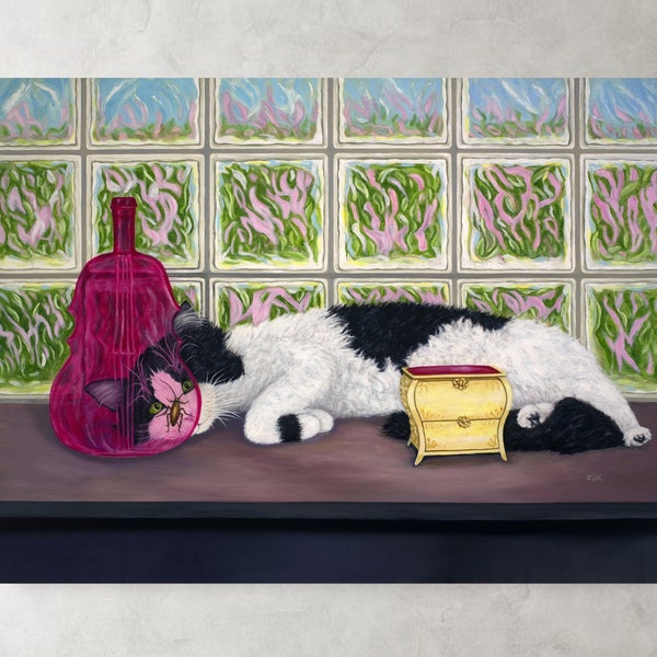 Tuxedo Cat Canvas Print. Long Haired Tuxedo Cat and Rose Colored Violin Shaped Glass Bottle. Tuxedo Cat and Bug. Tuxedo cat lover gift.