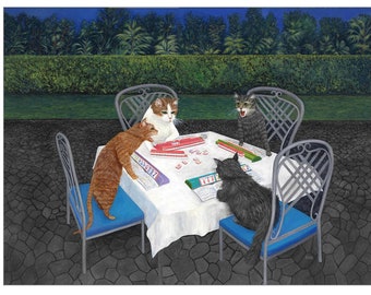 Cats Playing Mahjong Art Print: Humorous Feline Garden Decor