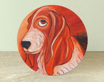 Basset Hound Abstract Round Original Oil Painting on stretched canvas. Painterly  abstract closeup Basset Hound 10" round art.