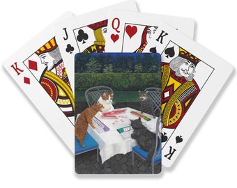 Cats Playing Mahjong Playing Cards. Whimsical cats in a colorful garden setting.