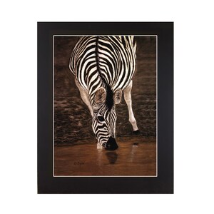 African Zebra matted signed print. A beautiful Zebra takes a drink in the African Bush. Print of original pastel painting.
