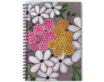 Flowers In The Clouds Spiral Notebook. Abstract purple, pink, white and yellow flowers.