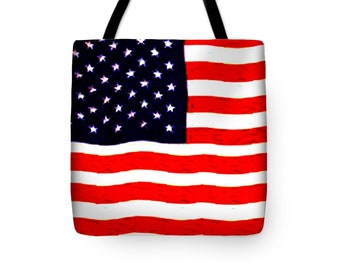 American Flag Tote Bag. Red, white and blue waving stars and stripes. USA patriotic bag.